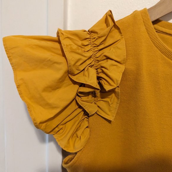 Anthropologie Mustard Yellow Flutter Sleeve Ribbed Knit - Picture 4 of 10